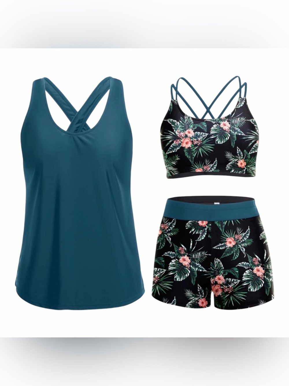 NWT Holipick Teal Floral 3-Piece Swim Set -Tank, Strappy Top & Shorts Size M